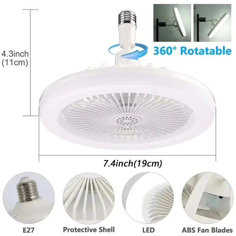 Ventilateur Plafonnier LED 30W Rotatif à 360° avec Télécommande – Douille E27, Éclairage Décoratif 2-en-1