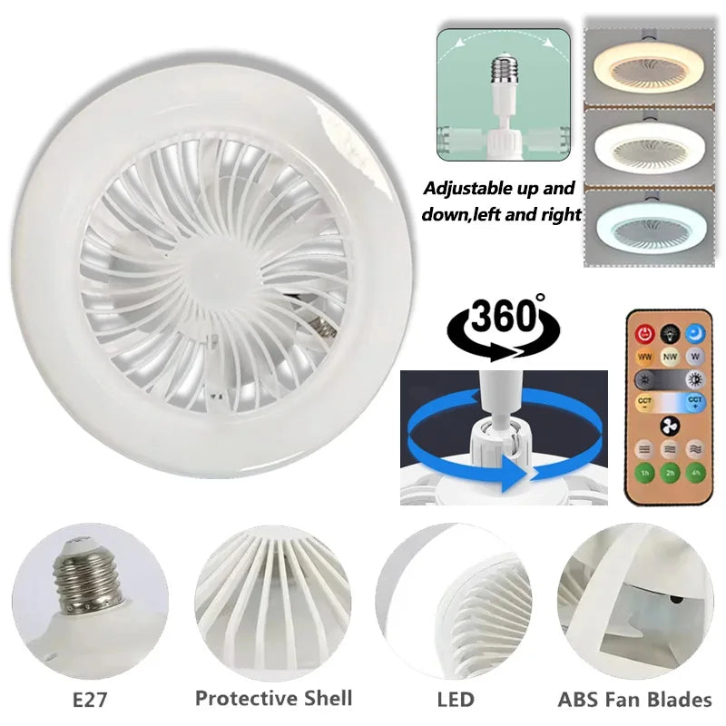 Ventilateur Plafonnier LED 30W Rotatif à 360° avec Télécommande – Douille E27, Éclairage Décoratif 2-en-1