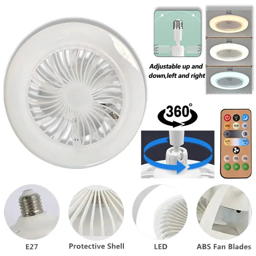 Ventilateur Plafonnier LED 30W Rotatif à 360° avec Télécommande – Douille E27, Éclairage Décoratif 2-en-1