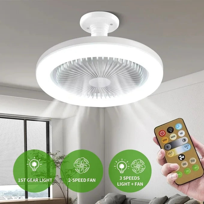 مروحة سقف LED بقوة 30 واط دوارة 360 درجة مع جهاز تحكم عن بعد – حامل E27، إضاءة زخرفية 2 في 1